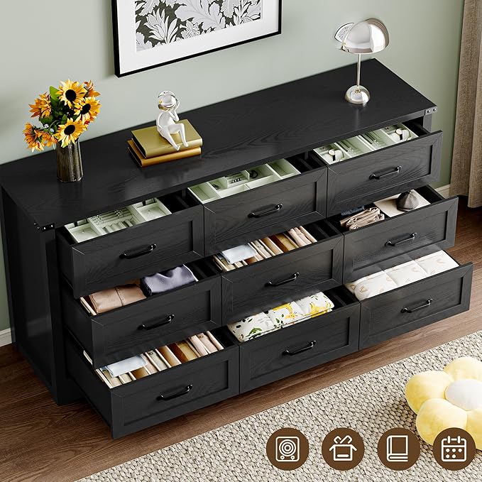 9-Drawer Dresser for Bedroom, Modern Wooden Chest of Drawers with Metal Handles, Anti-Tipping Design, Sturdy and Stable Storage Organizer for Living Room, Entryway, Home Office