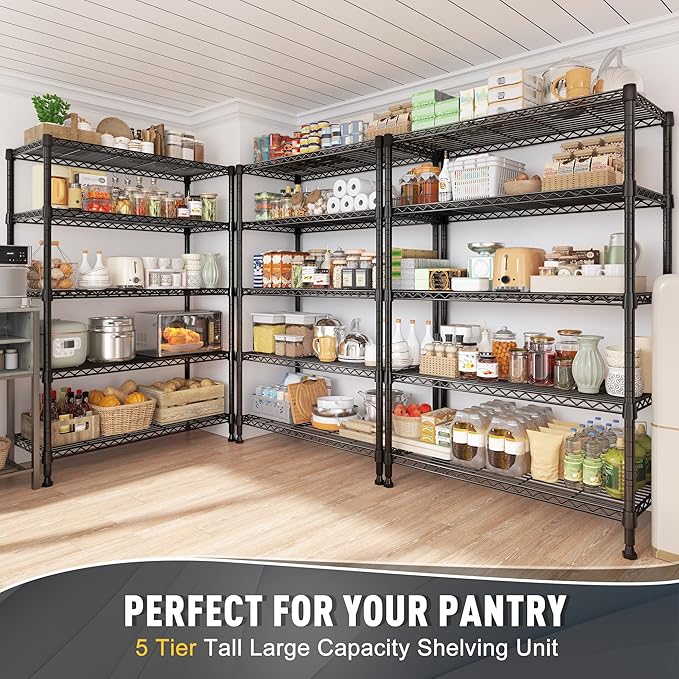 REIBII Storage Shelves, 5-Tire Wire Shelving Load 1000LBS Metal Shelves for Storage Adjustable Garage Shelving Unit Wire Shelf Rack Kitchen Storage Rack Pantry Shelves 31.5''W x 15.7'' D x 71''H