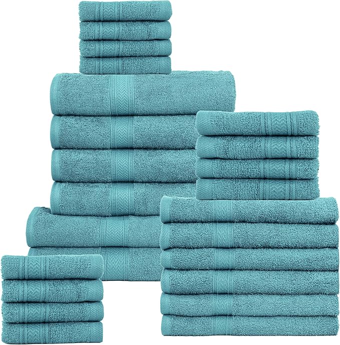 HILLFAIR 24 Piece Bath Towels Set for Bathroom- 100% Cotton 24 PC Bulk Pack Hotel Spa Towel Set- 2 XXL Oversized Big Towels, 4 Bath Towels, 6 Hand Towels, 4 Fingertip Towels, 8 Washcloths: Turquoise