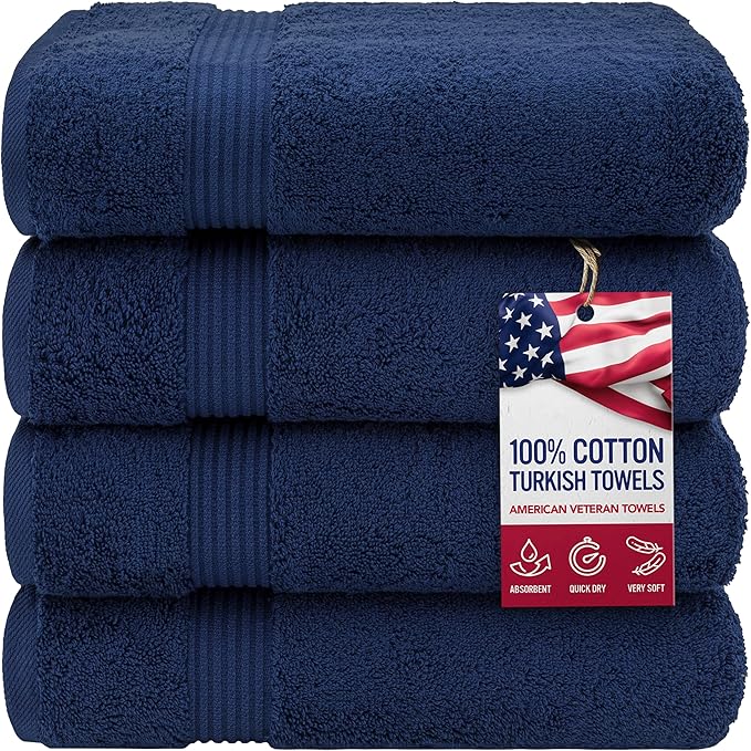 American Veteran Towel, 100% Cotton Turkish Bath Towels for Bathroom 4 Pack, 27x54 Extra Large Premium Soft Drying Bathroom Towels, Navy Blue