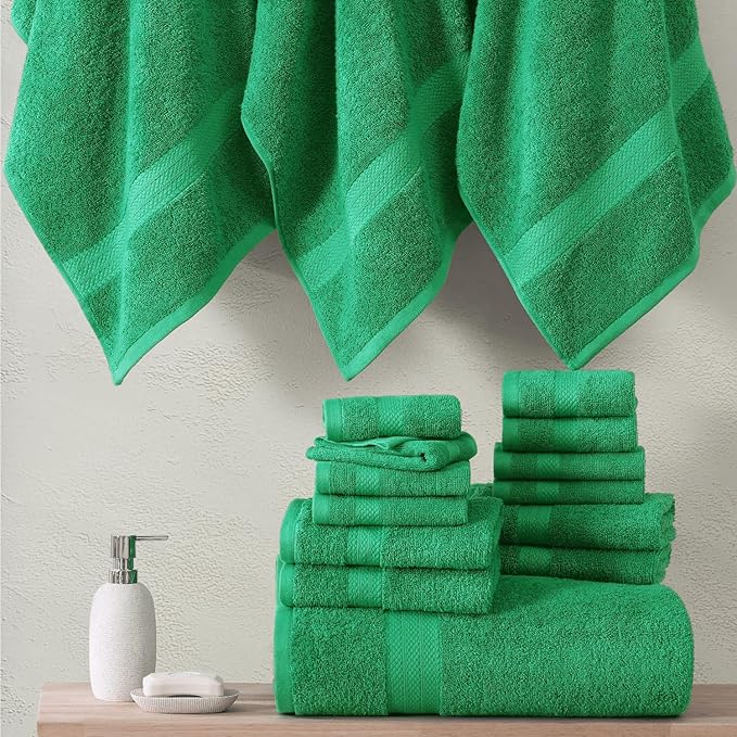 LANE LINEN Bath Towel Set - 24 PCs - Durable, Absorbent, Soft & Quick Dry - 100% Ring Spun Cotton Towels Set - 4 Bath, 4 Fingertip, 6 Hand Towel, 8 Washcloth, 2 Bath Sheet Set - Emerald