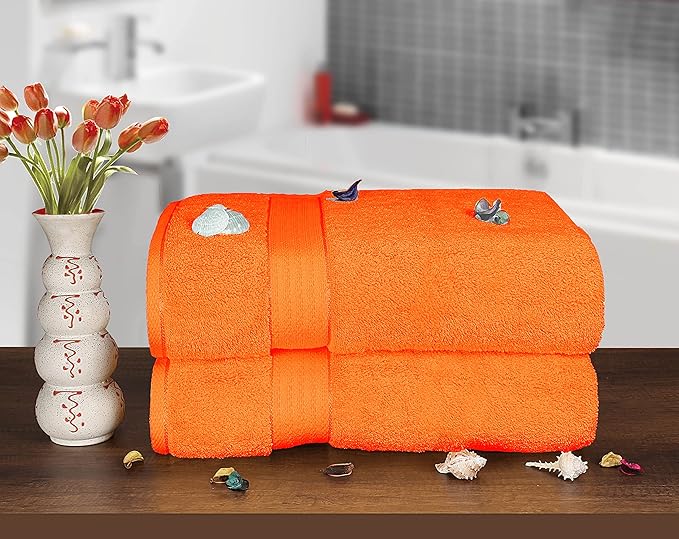 GLAMBURG 700 GSM Premium Cotton 2-Pack Oversized Extra Large Bath Sheet Set - 100% Combed Cotton - 2 Bath Sheets 35x70 - Luxury Hotel & Spa Quality - Durable Ultra Soft Highly Absorbent - Orange