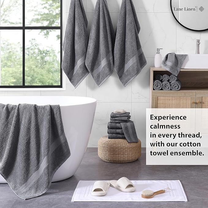 LANE LINEN 100% Cotton Bath Towel Set - Sustainably Produced, 18PCs Towels for Bathroom - 6 Hand, 8 Washcloths, 4 Shower Towels - Machine Washable, Quick Drying, Highly Absorbent - Cool Grey
