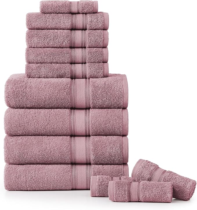 LANE LINEN Bathroom Towels Set of 12 – Zero Twist, 100% Cotton, 4 Bath, 4 Handtowel & 4 Washcloths, Luxury Hotel Design, Perfect for Salon & Guests, Machine Washable – Wishful Mauve