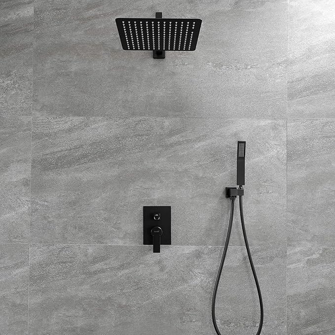 SHAMANDA Brass Rainfall Shower System, Luxuly Bathroom Shower Faucet Combo Set Matte Black (Including Rough-In Valve Body and Trim), L7001-7