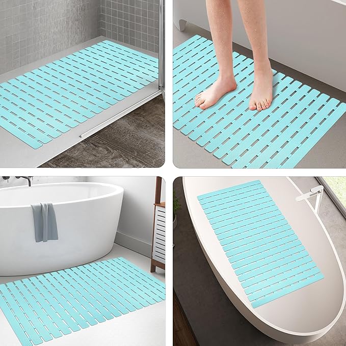 MBOSS Bath Tub Shower Mat Non Slip Bathtub Mats for Bathroom Shower Floor Mat Bath Mats for Shower Tub Anti Slip Shower Mat with Drain Hole and Large Suction Cups (Aqua Blue, 27.5 X 15.7 Inch)