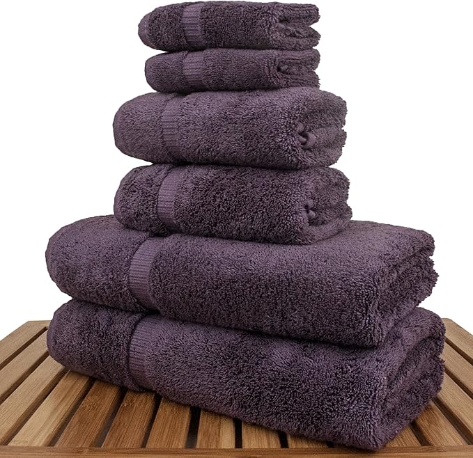 Luxury Hotel & Spa Quality, Quick Dry 100% Turkish Cotton, 700 GSM, Eco Friendly Towel, Bathroom and Kitchen Dobby Border Towels, 2-Bath Towel, 2-Hand Towel, 2-Washcloth (Bundle Set of 6, Plum)