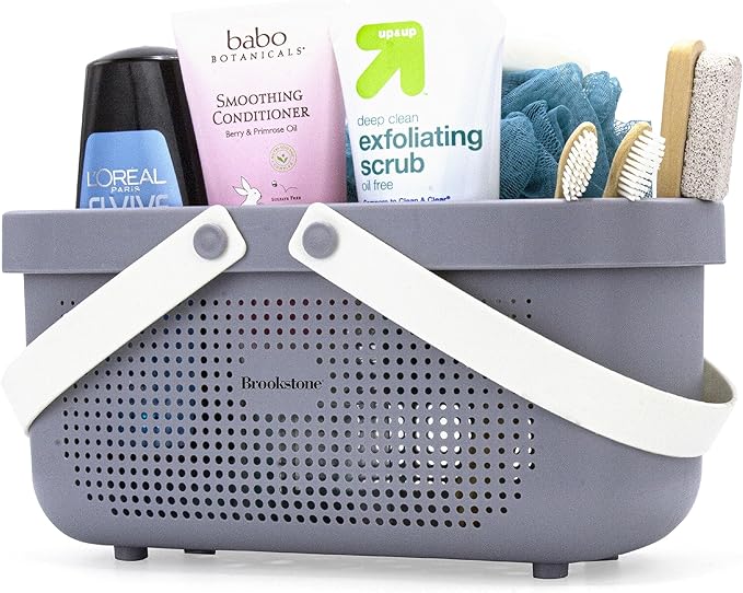 Brookstone BKH1633, Large Portable Shower Caddy with Soft Silicone Carrying Handle, Bathroom Organizer Basket, Plastic Bath Tote, Dries Quickly with Drainage Holes [BPA Free], Gray