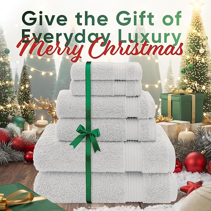 American Veteran Towel, 100% Cotton Turkish 6 Piece Towel Set, Luxury Towels Set of 6 for Bathroom Essentials, 2 Bath Towels 2 Hand Towels 2 Washcloths, Silver Grey
