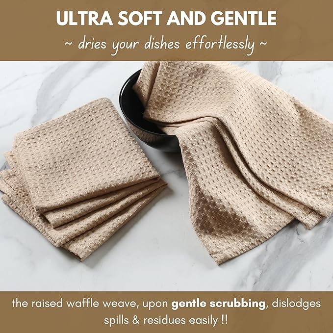 Native Fab Cotton Kitchen Towel with Hanging Loop 16x26 inches, 12-Pack, Waffle Weave Kitchen Towels for Cleaning Drying, Washcloths Soft & Absorbent Cloth Rags, Bar Towel, Dish Cloth, Beige