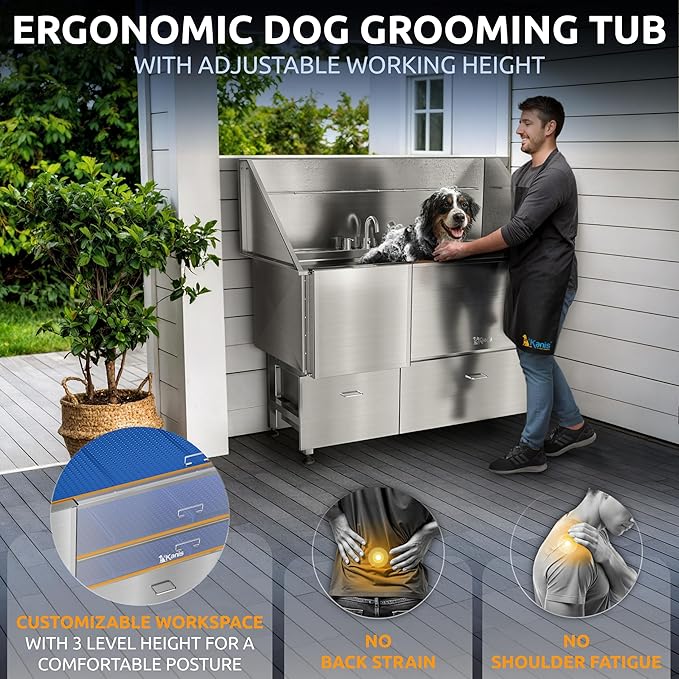 KANIS Professional Dog Washing Station - 304 Stainless Steel Pet Wash Sink & Grooming Bathtub w/Shower, Floor Grates and Storage for Large, Medium & Small Pets (61", 2 Drawers - Left Ramp)