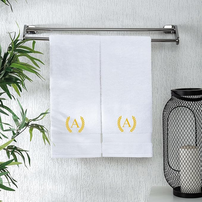 Monogrammed Hand Towels for Bathroom Makeup, Personalized Turkish Cotton Towel with Embroidery, Gift for Weddings, Housewarming, Anniversaries, and Bridal Showers, Set of 2 (Gold, Initial A)