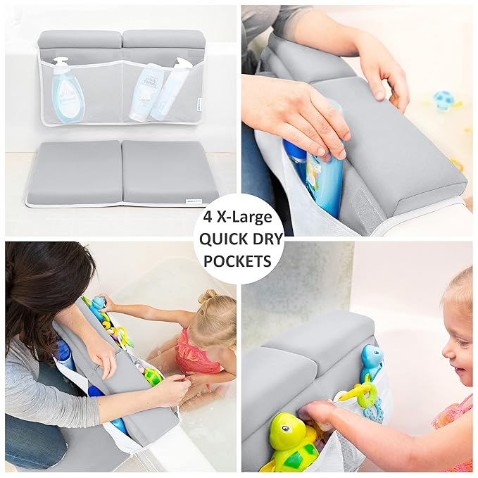 Bath Kneeler and Elbow Rest Pad, 1.75 inch Extra Thick Baby Bath Kneeling Pad and Elbow Pad for Bathtub. Bath Tub Elbow Pad with Infant Toy and Baby Accessories Organizer, Grey