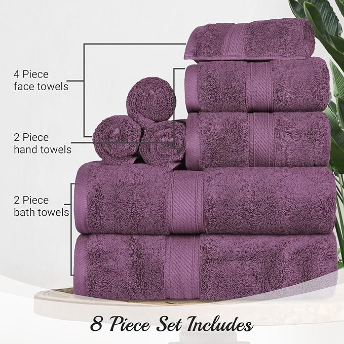 Superior Egyptian Cotton Pile 8 Piece Towel Set, Includes 2 Bath, 2 Hand, 4 Face Towels/Washcloths, Ultra Soft Luxury Towels, Thick Plush Essentials, Guest Bath, Spa, Hotel Bathroom, Plum