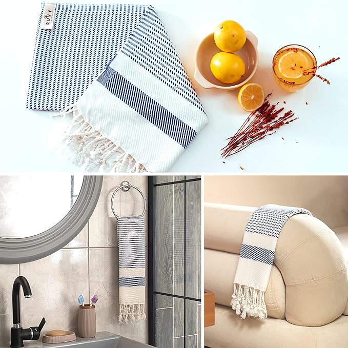 Ruvy Home Basics Turkish Hand Towels for Bathroom Set of 2 | 18"x40", Cotton | Decorative Towel for Bathroom, Kitchen, Dishcloth, Tea, Yoga, Face, Gym - Navy