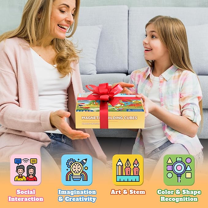 116 PCS Magnetic Blocks Set, 1" Magnet Building Blocks with Toy Eyes and Storage Bag for Kids Gifts, STEM Educational Preschool Sensory Toys for Toddlers Boys Girls Ages 3 4 5 6 7 8 + (Bright Color)