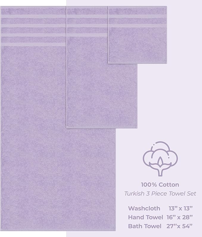 American Soft Linen Premium 3 Piece Towel Set, 1 Bath Towel 1 Hand Towel 1 Washcloth, 600 GSM 100% Cotton Turkish Towels for Bathroom, Lilac Towel Set