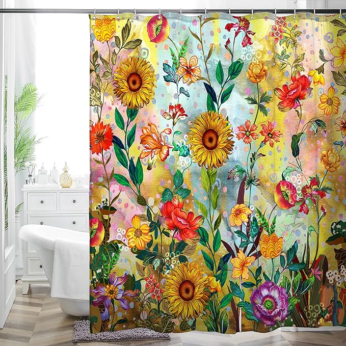 Bohemian Shower Curtain, Boho Floral Print Water Repellent Polyester Fabric for Bathroom Decor, 72×72 Inch Standard Size with 12 Hooks, Also as Room Divider