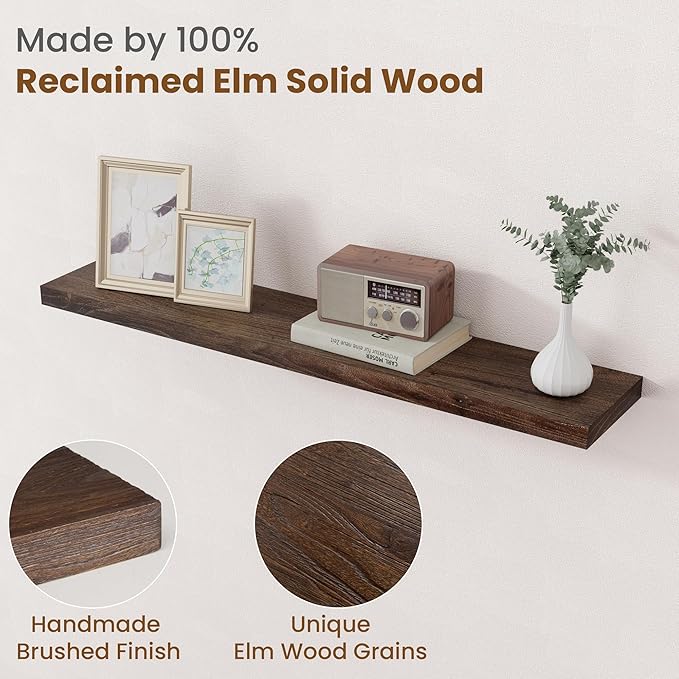 Floating Shelves for Wall Decor, 8 Inch Deep Rustic Solid Elm Wood Floating Shelves Wall Mounted, Wall Shelves with Invisible Bracket for Living Room Bathroom Bedroom Kitchen, 40 Inch Set of 1, Walnut