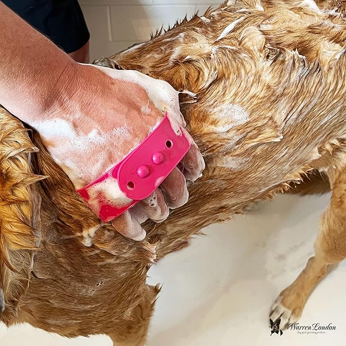 Warren London 2-in-1 Bath & Groom Brush for Dogs & Cats – Red Silicone Scrubber & Applicator for Shampoo, Hydrating Butter or Leave-In Conditioner – Gentle Massaging Grip