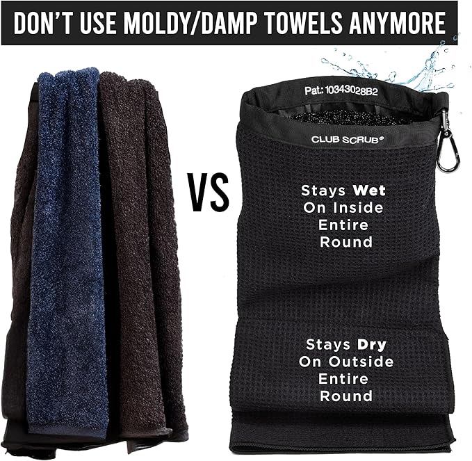 Club Scrub Towel Pro, Golf Club and Ball Cleaning Pouch with Attached Towel, Waterproof Exterior, Clean Face Technology Liner, Machine Washable, Cleans Club Grooves, Waffle-Weave Microfiber