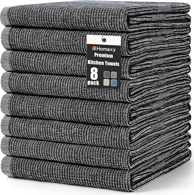 Homaxy Premium Kitchen Towels(18”x 28”, 8 Pack), Large Cotton Kitchen Hand Towels, Flat and Terry Dish Towels, 380 GSM Highly Absorbent Tea Towel Set with Hanging Loop, Black