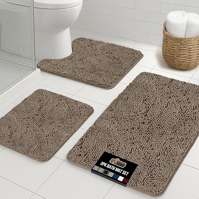 GORILLA GRIP Bathroom Rug Sets 3 Piece, Bath Mat Set and Oval Toilet Base with Rubber Backing, Plush Absorbent Shaggy Chenille Washable Mats, Includes 24x19.5, 24x17 and 30x20 Inch Rugs, Gray Beige