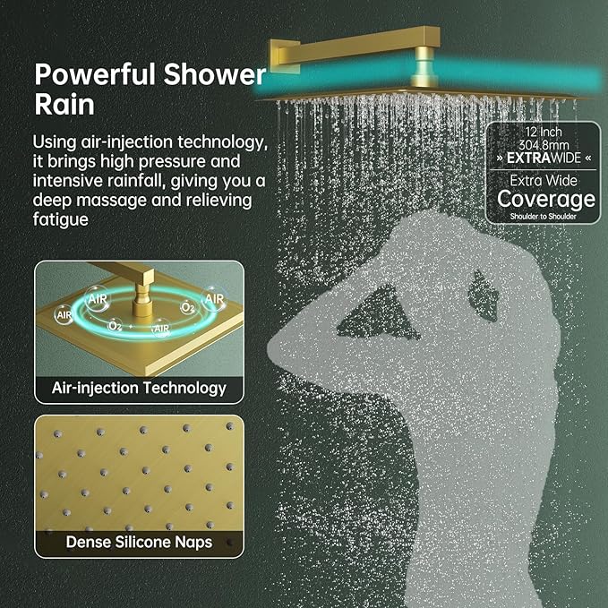 Hoimpro Shower System Set with 12 Inch Bathroom Rain Mixer Shower Head and Handheld Wall Mounted, Rainfall Shower Faucet Fixture Combo with High Pressure 2 in 1 Handheld Showerhead, Brushed Gold