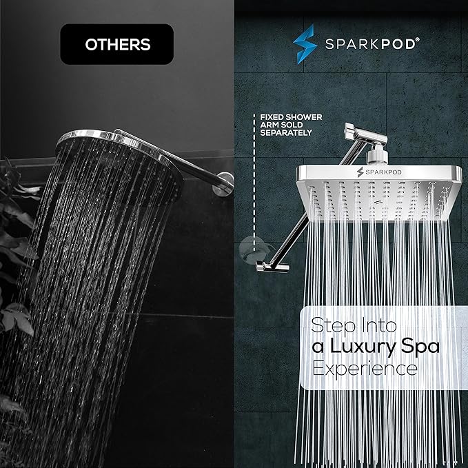 SparkPod Square Rain Shower Head with Extension Arm - Height Adjustable Shower Head with High Pressure Performance - Easy 1-Minute Installation (16" Arm Extension, Luxury Polished Chrome)