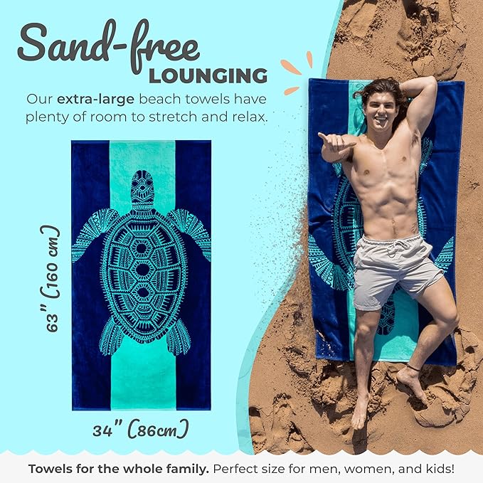 Nova Blue Turtle Beach Towel – Tropical Blue Colors with A Unique Design, Extra Large, XL (34”x 63”) Made from 100% Cotton for Kids & Adults