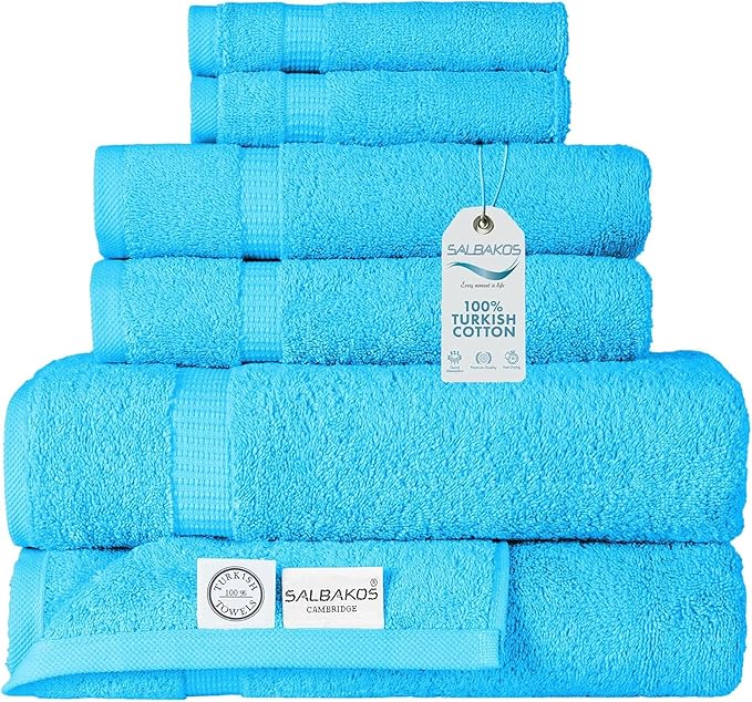 SALBAKOS 100% Turkish Cotton 6-Piece Towel Set | Heirloom Quality Hotel & Spa Collection | Soft, Super Absorbent 2 Washcloth, 2 Hand, 2 Bath Towel Sets | Made in Turkey (Aqua, 6 Piece Towel Set)