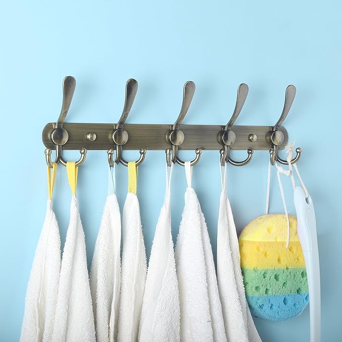 Dseap Coat Rack Wall Mounted - 5 Tri Hooks, Heavy Duty, Stainless Steel, Metal Coat Hook Rail for Coat Hat Towel Purse Robes Mudroom Bathroom Entryway,Bronze