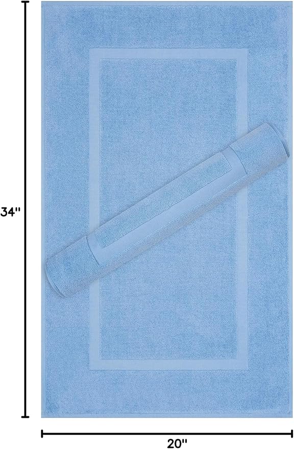 Cotton Paradise 100% Cotton Bath Mats for Bathroom Floor Set of 2 Pack, 20x34 Soft Absorbent Washable Quick Dry Tub Bathmat, Sky Blue Towel Bath Mat