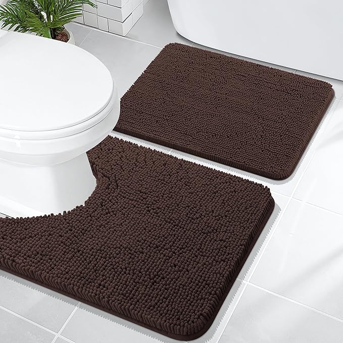 OLANLY Bathroom Rugs Sets 2 Piece, Soft Absorbent Chenille Bath Mats and U-Shaped Contour Toilet Mat Area Rug Set, Machine Washable Bath Carpet, Home Decor Accessories(24"x16"+24"x20", Brown)