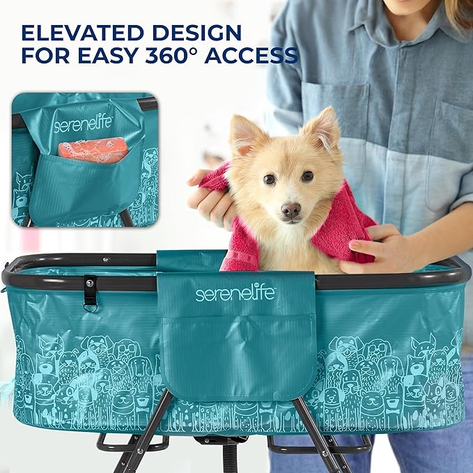 SereneLife Foldable Dog Bath Tub with Adjustable Height, 360° Access, Drain Hose & Storage Pockets – 130 lb Capacity Grooming Station for Indoor/Outdoor Use, Blue