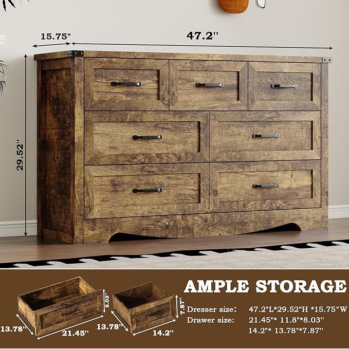 7-Drawer Dresser for Bedroom, Modern Wooden Chest of Drawers with Metal Handles, Anti-Tipping Design, Sturdy and Stable Storage Organizer for Living Room, Entryway, Home Office