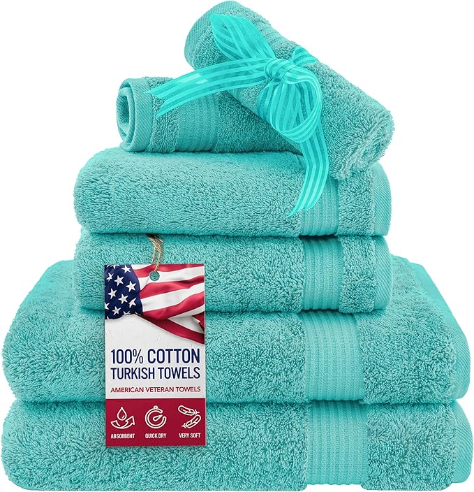 American Veteran Towel, 6 Piece Towel Set for Bathroom, 100% Cotton Turkish Bathroom Towels, 2 Bath Towels 2 Hand Towels 2 Washcloths, Turquoise Blue