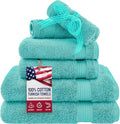 American Veteran Towel, 6 Piece Towel Set for Bathroom, 100% Cotton Turkish Bathroom Towels, 2 Bath Towels 2 Hand Towels 2 Washcloths, Turquoise Blue