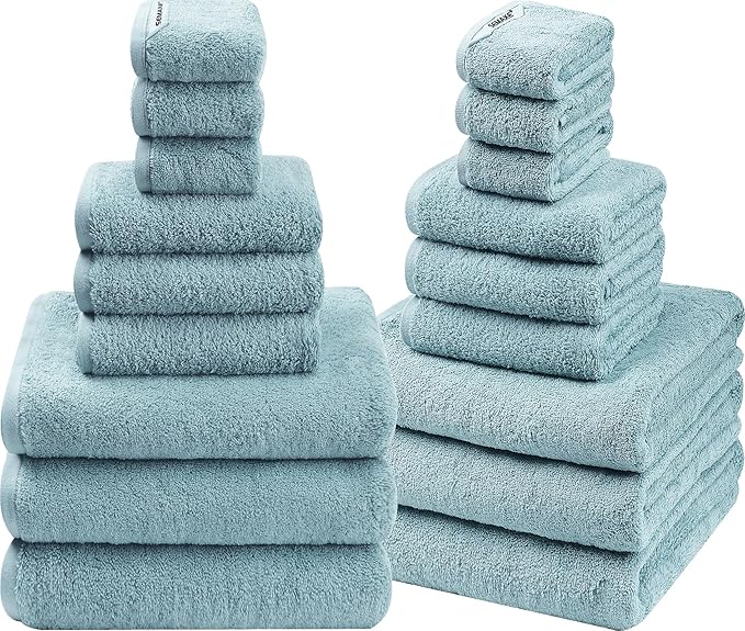 SEMAXE 18-Piece Blue Bath Towel Set - 6 Bath/Hand/Wash Towels with Hanging Loops | Value Pack, 100% Cotton Ultra Absorbent | Hotel Quality at Wholesale Price