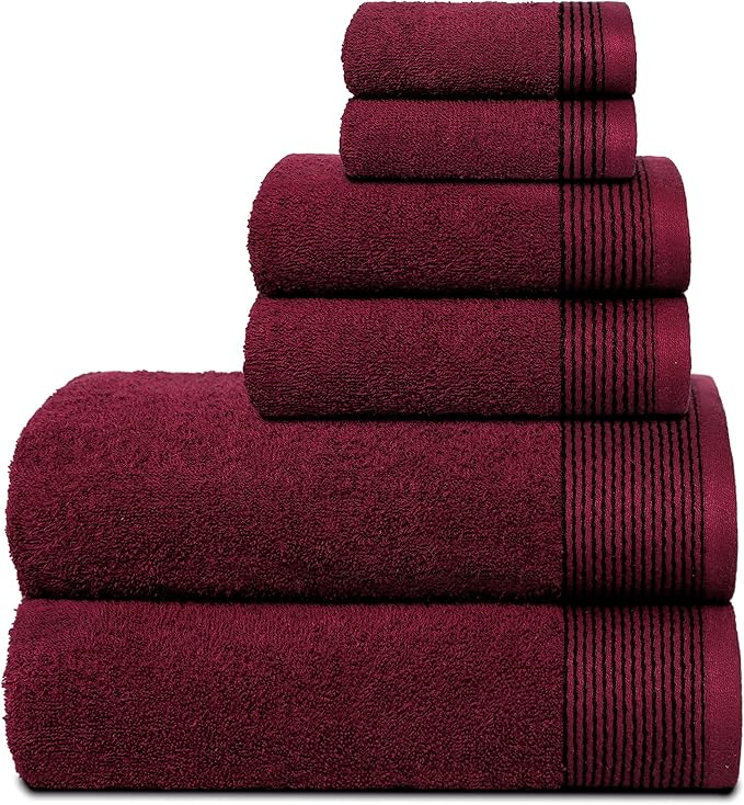 Belizzi Home 100% Cotton Ultra Soft 6 Pack Towel Set, Contains 2 Bath Towels 28x55 inchs, 2 Hand Towels 16x24 inchs & 2 Washcloths 12x12 inchs, Compact Lightweight & Highly Absorbant - Burgundy