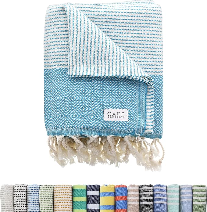 Oversized Turkish Beach Towel, Diamond Dobby Aqua - 37'' x 67'' - Super Soft & Lightweight | Quick Dry Sand Free Travel Towels for Beach or Bath | Gifts