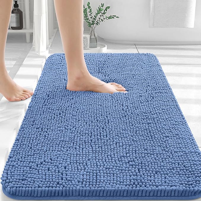 OLANLY Bathroom Rugs 30x20, Extra Soft Absorbent Chenille Bath Rugs, Rubber Backing Quick Dry, Machine Washable Bath Mats for Bathroom Floor, Tub and Shower, Home Decor Accessories, Cornflower Blue