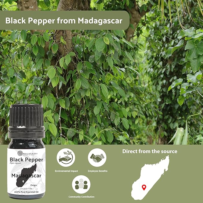 Black Pepper Essential Oil - Direct from Madagascar Farms - Steam Distilled - Aceite Pimienta Negra for Aromatherapy, Massage, Diffuser, DIY Candle and Soap Making - 8oz