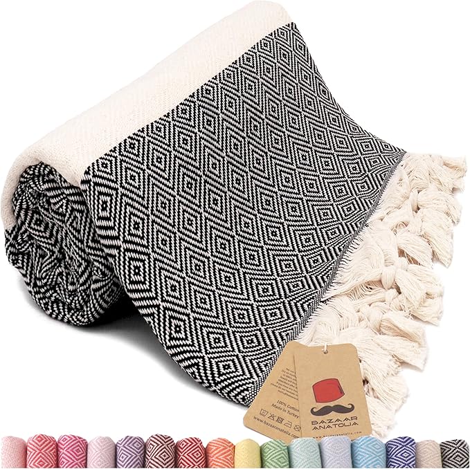 Bazaar Anatolia Turkish Beach Towel – 100% Cotton, Quick Dry, Lightweight and Sand Free – Perfect for Bathroom, Travel, Yoga, Camping, Oversized 71x39 inches - Diamond Black