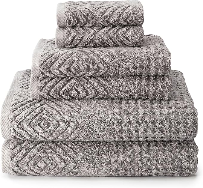 Texere 100% Organic Cotton Diamond Jacquard 700 GSM Luxury Bath Towel Sets - 2 Ultra Soft, Large Bath Towels, 2 Hand Towels, 2 Washcloths (Diamond, Cathedral Gray, 6 Piece)