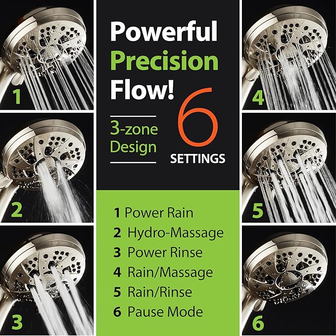 AquaDance High Pressure 6-Setting Full Brushed Nickel Handheld Shower Head with Stainless Steel Hose. Officially Independently Tested to Meet Strict US Quality & Performance Standards!