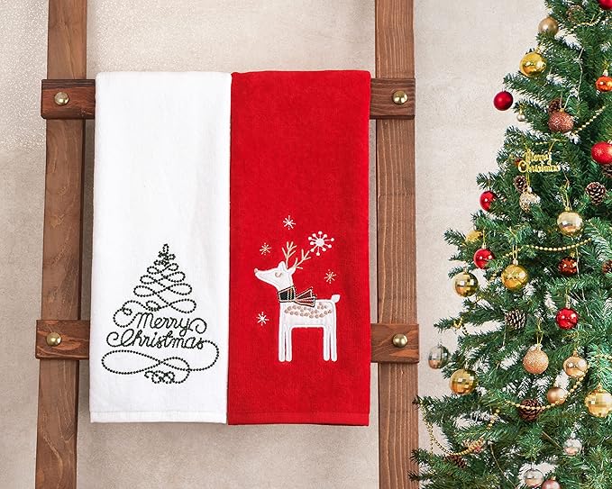 American Soft Linen Christmas Bath Towels Bathroom Set, 2 Packed Embroidered Decorative 100% Turkish Cotton Hand Bath Towels, Dish Towels for Decor Xmas, Tree-Deer