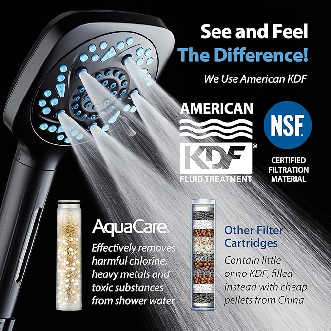 AquaCare High Pressure 10 Spray Mode Filtered Showerhead - Handheld Shower Head Filters Chlorine to Heal Dry Skin, Revive Hair - Dual Power Wash Cleans Tub, Tile, Pets - Hard Water Softener, Black