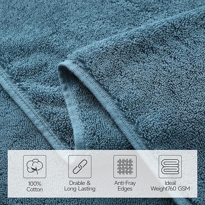 REDKISS Large Bath Towels Set 2 Piece, 100% Cotton, 31x63 in,Heavyweight 760G, Highly Absorbent & Quick Dry, Super Soft Luxury Shower Towels for Bathroom,Hotel Collection - Blue