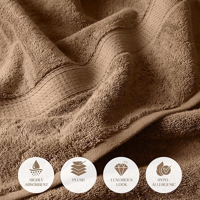 Superior Egyptian Cotton Pile Bath Towel Set of 2, Ultra Soft Luxury Towels, Thick Plush Essentials, Absorbent Heavyweight, Guest Bath, Hotel, Spa, Home Bathroom, Shower Basics, Latte